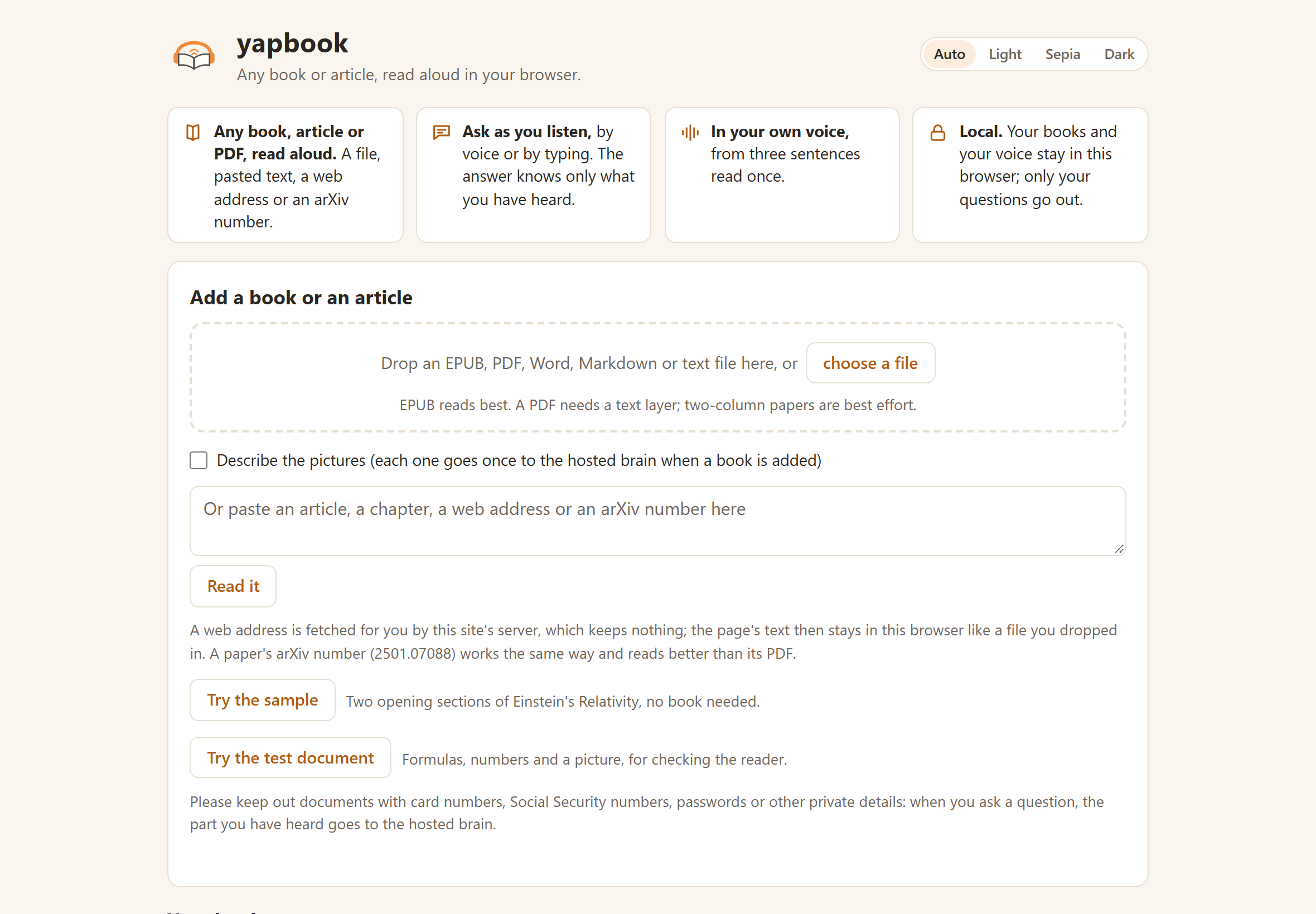 The library in the browser: add a book or an article, or try the sample; your books, your voice, and the privacy card