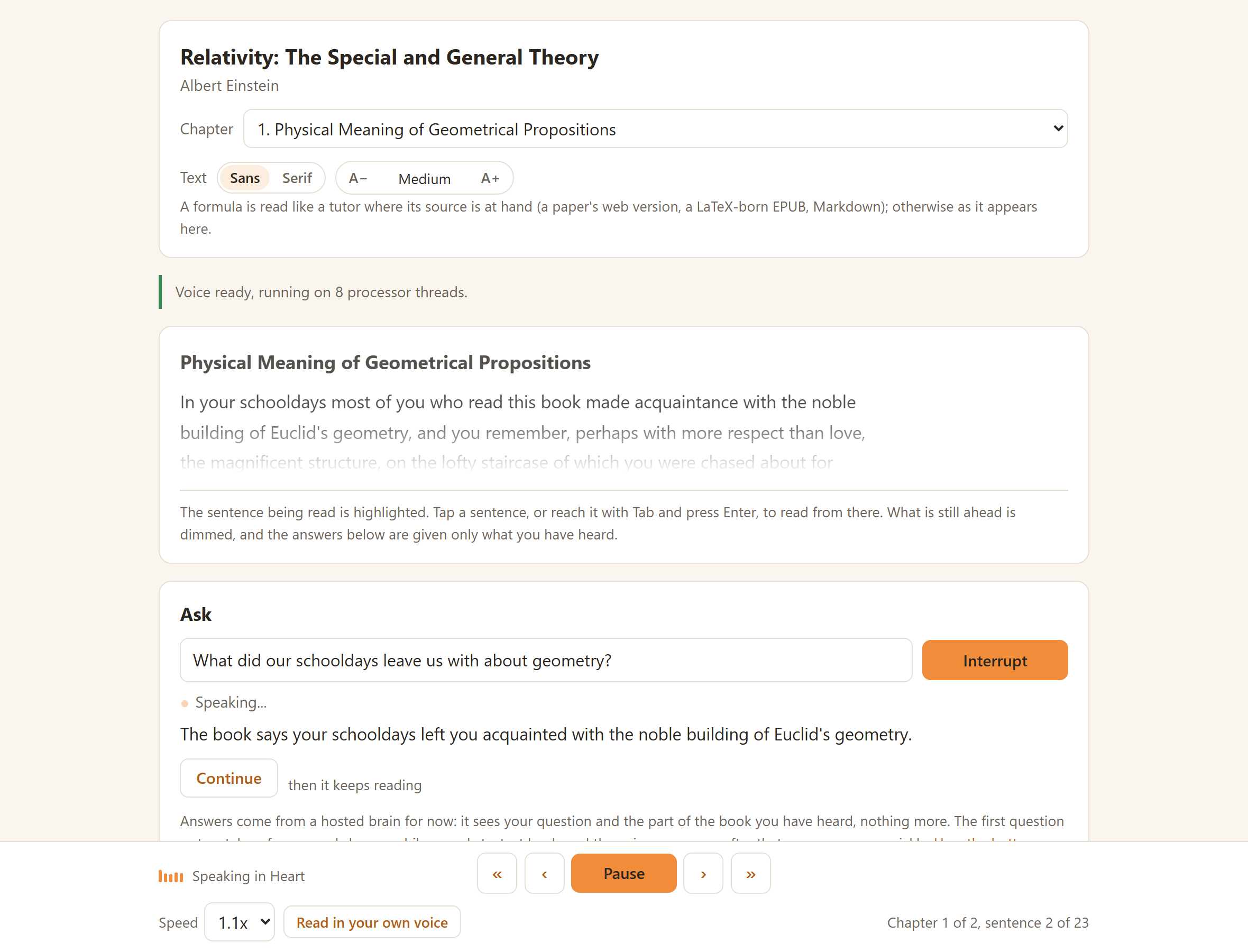 The reader in the browser: the transcript with the sentence being read highlighted, and under Ask a question with its answer