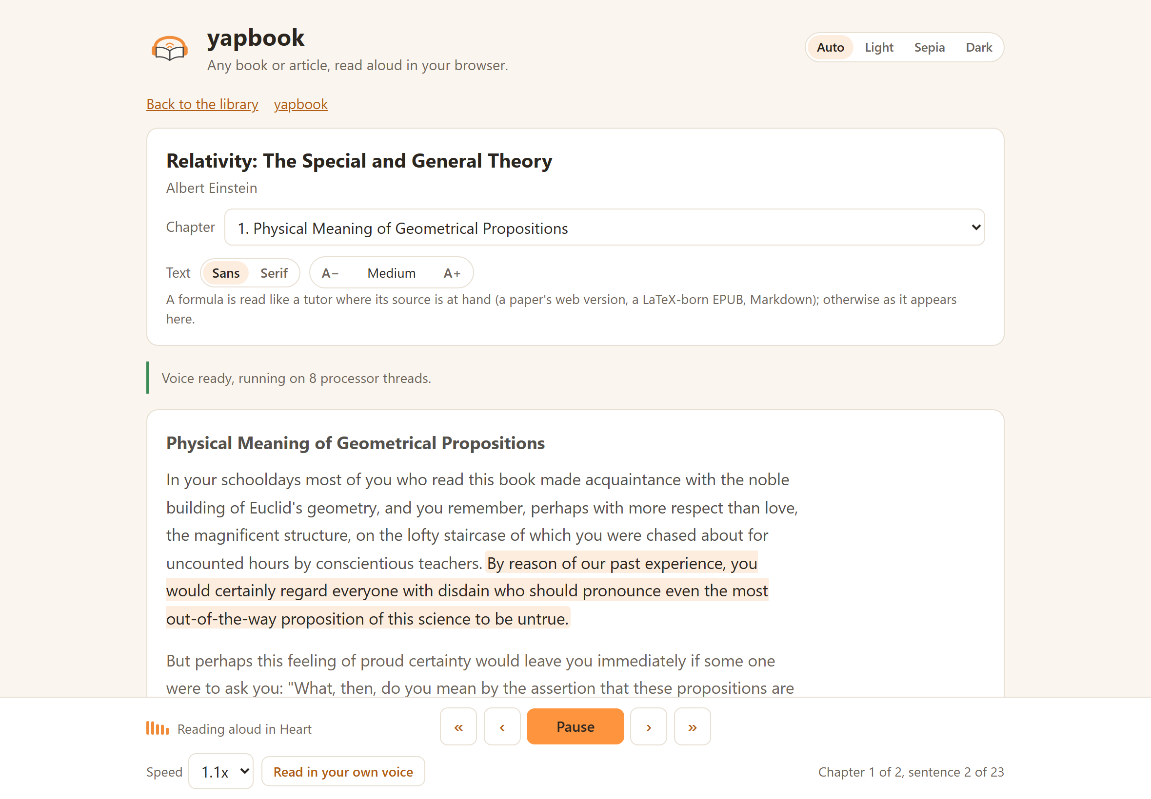 The reader in the browser while the book plays: the transcript with the sentence being read highlighted, what is ahead dimmed