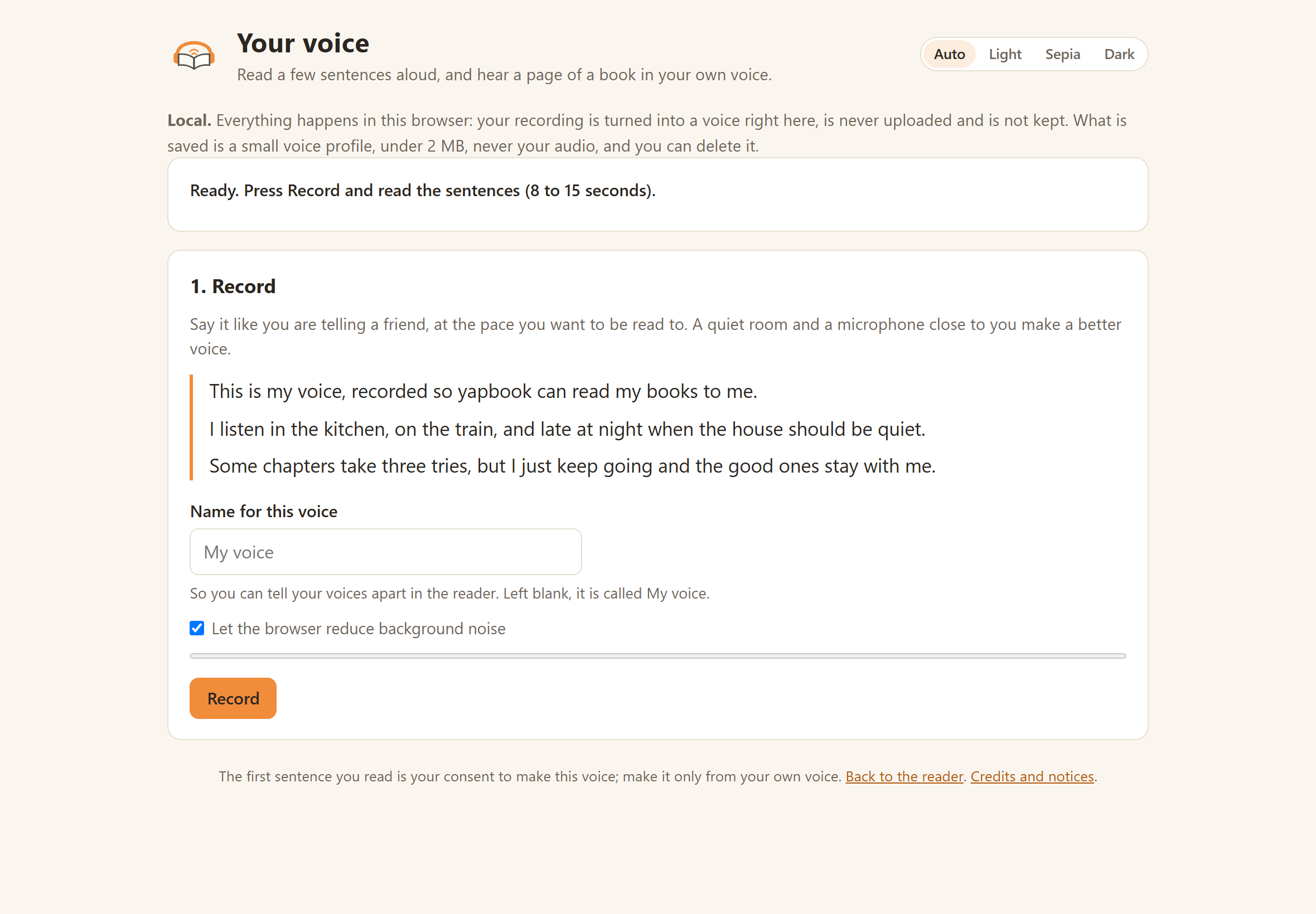 The Your voice page: three sentences to read aloud, a name for the voice, and Record